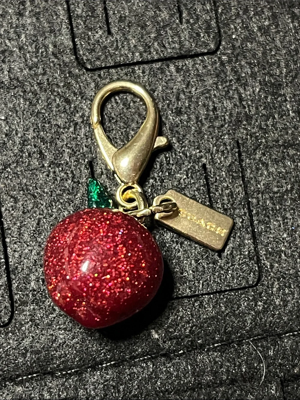 Coach Red Glitter Apple Charm with Green Leaf & Gold Hardware Key Clip